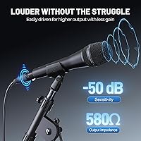 Vista 4 de Phenyx Pro Micrófono vocal, micrófono dinámico supercardioide con cable XLR de 16.4 pies, clip para micrófono, bolsa de almacenamiento, micrófono