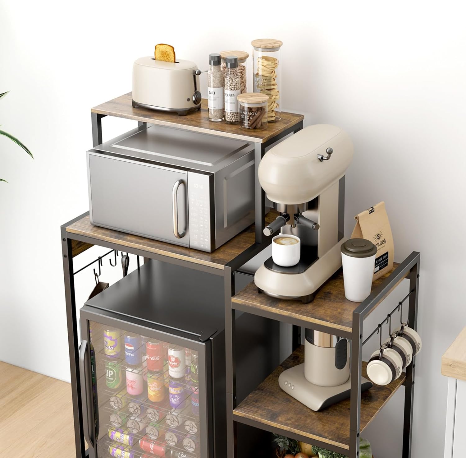 Mini Fridge Cabinet with Storage Shelves, Microwave Stand with 2 AC/2 USB Outlets, Coffee Bar Cabinet with Mini Fridge Space, Utility Storage Shelf for Home Kitchen Dorm Office