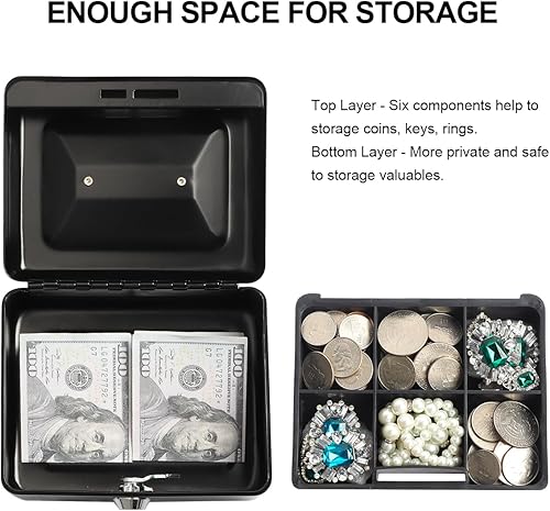 Miniatura 3 de Kasten Caja pequeña con bandeja para dinero, caja de metal con cerradura para niños, 5.9 x 4.7 x 3.2 pulgadas, color negro