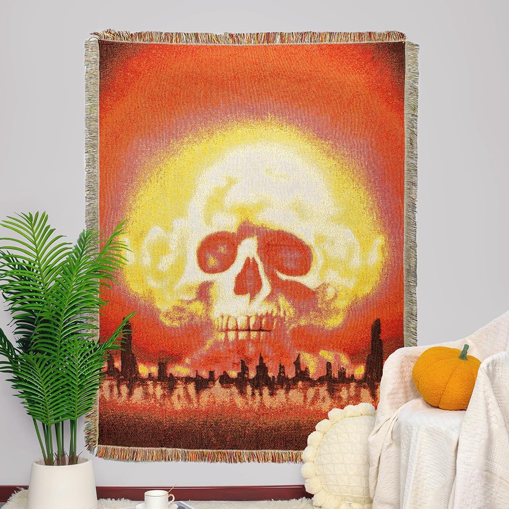 Halloween Skull Throw Blanket Fall Tapestry Home Floor mat Jacquard Thread Blanket for Background Wall Home Decor with Celestial Tapestry Tassels