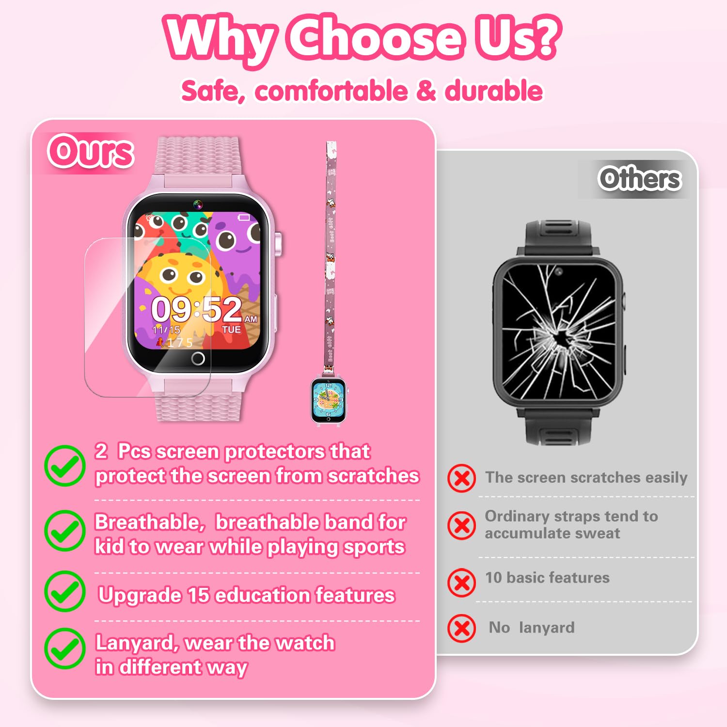 Smart Watch per bambini e ragazze, regalo dai 3 ai 12 anni, 2 pellicole proteggi schermo, 26 giochi di puzzle, fotocamera HD, lettore musicale e video touchscreen, pedometro, giocattolo educativo