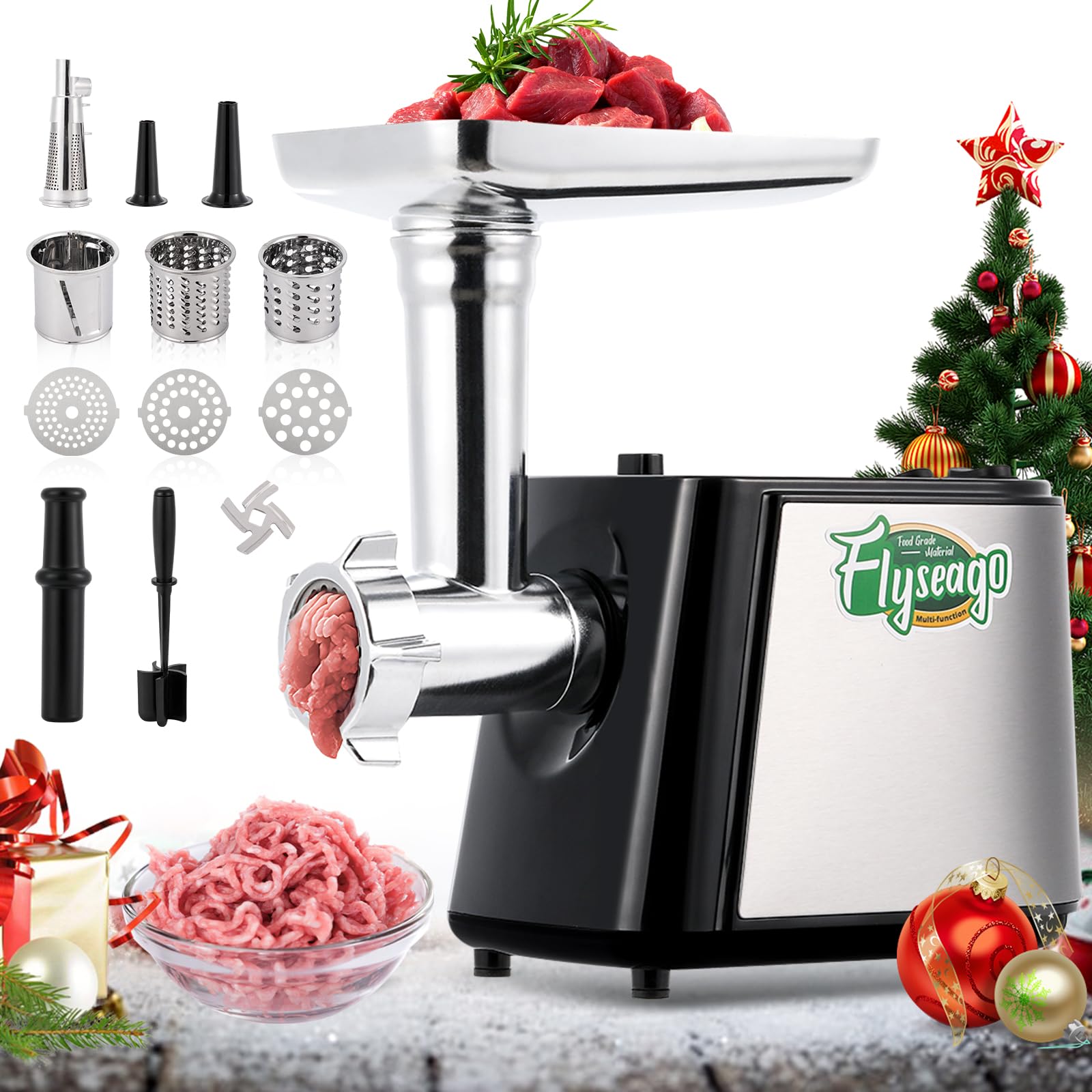 Flyseago Electric Meat Grinder 12-In-1 2600W Meat Grinder Sausage Stuffer Combo, with Juicer, Kubbe Kit, Meat Chopper, Stainless Steel for Home Kitchen & Commercial