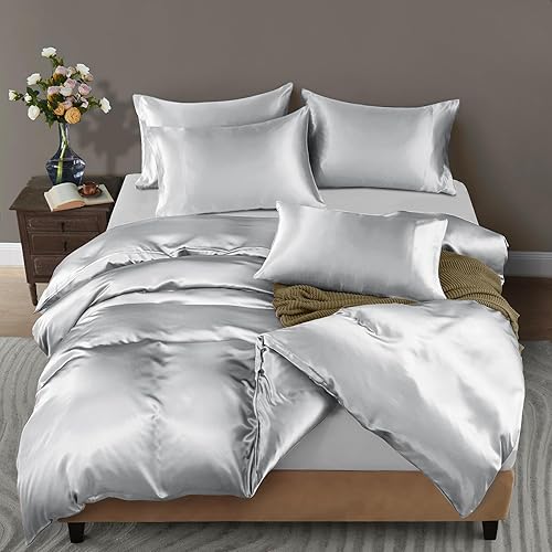 Miniatura 9 de Horbaunal Juego de funda de edredón de satén de 5 piezas, tamaño QueenMatrimonial, funda de edredón azul bebé con lazos en las esquinas y cierre de