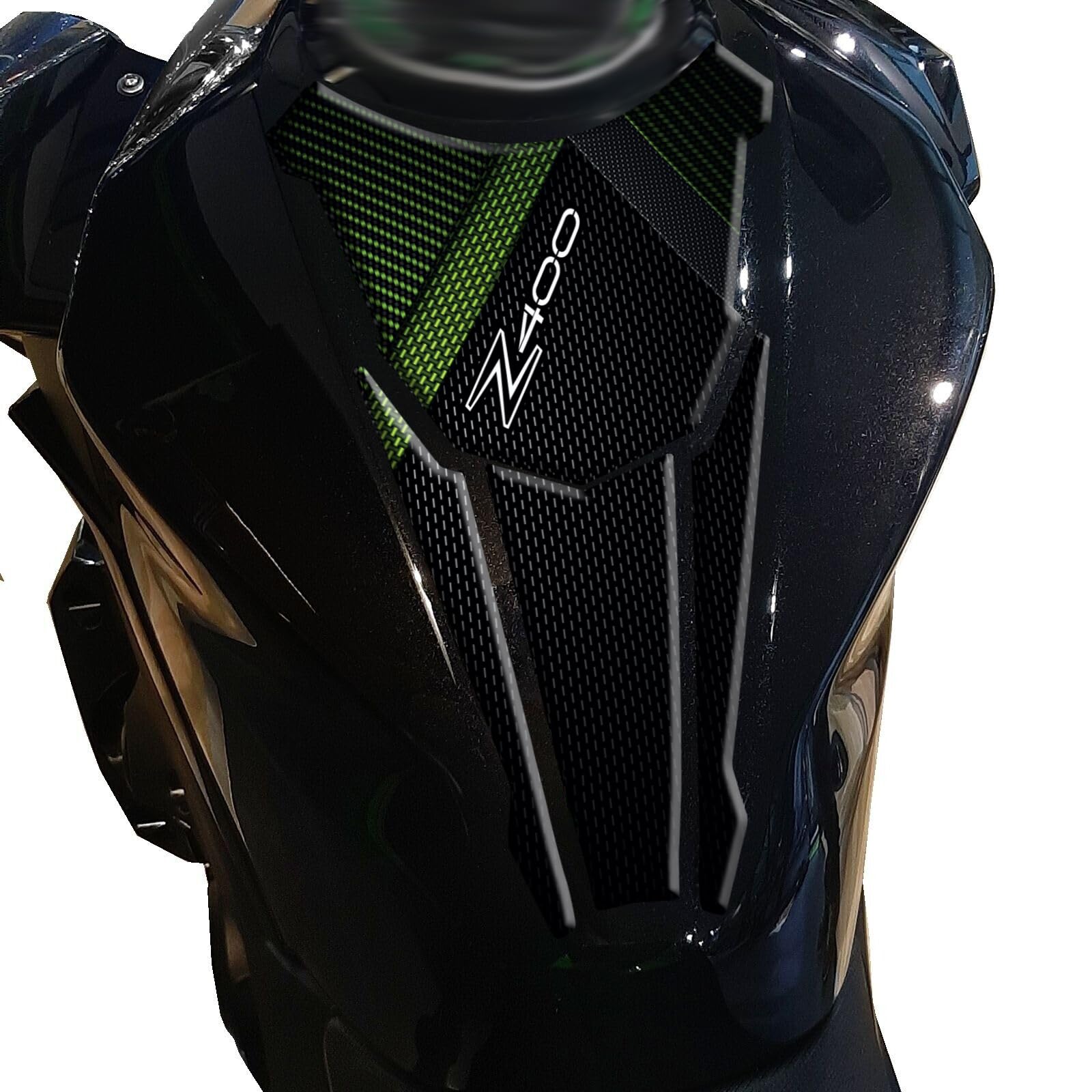 Adhesivo resinado Efecto 3D para Moto Compatible con Kawasaki Z400 (Verde Claro, Kit Protector de depósito y Protecciones Varias)