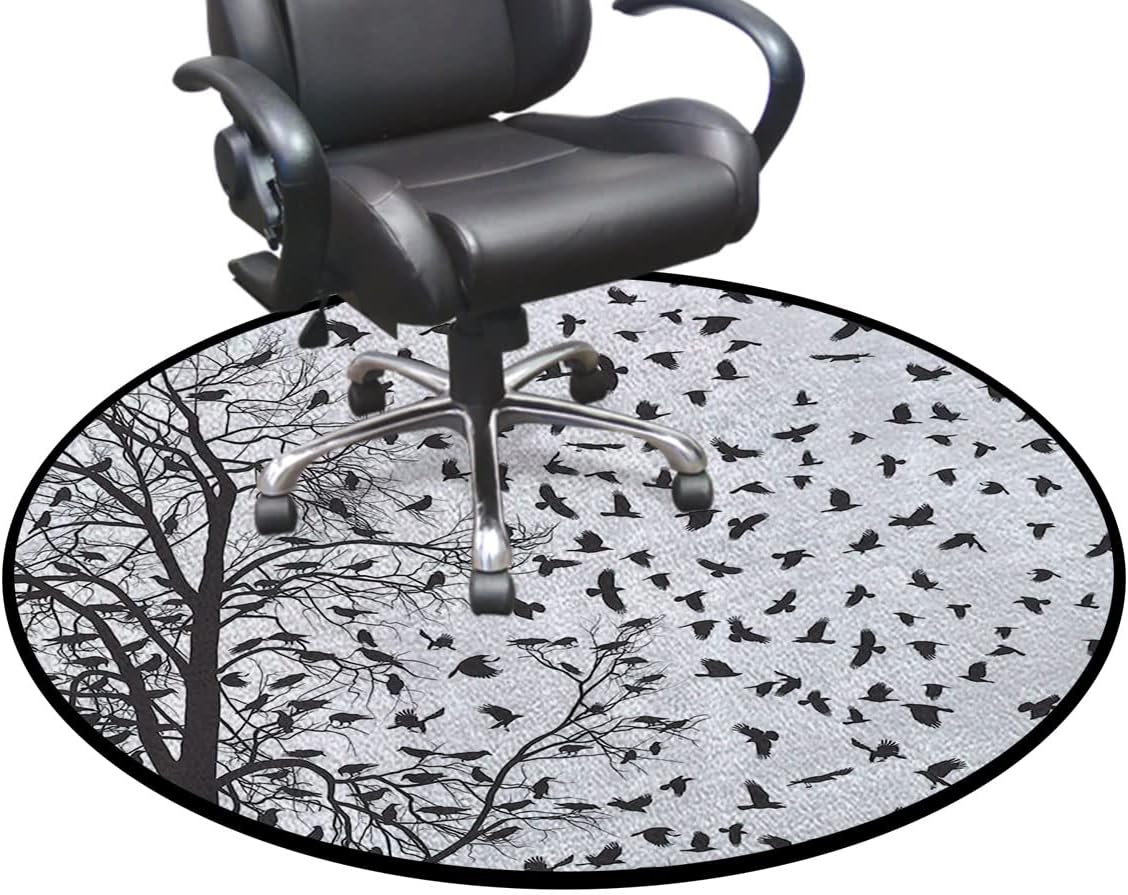 Black White Grey Anti-Slip Floor Protection Mat Multi-Purpose Chair Carpet for Desk Bird Decoration Lover Fall Themed Chair Mat Office Protector for Hardwood Floors Branches Decor Diameter 39 in