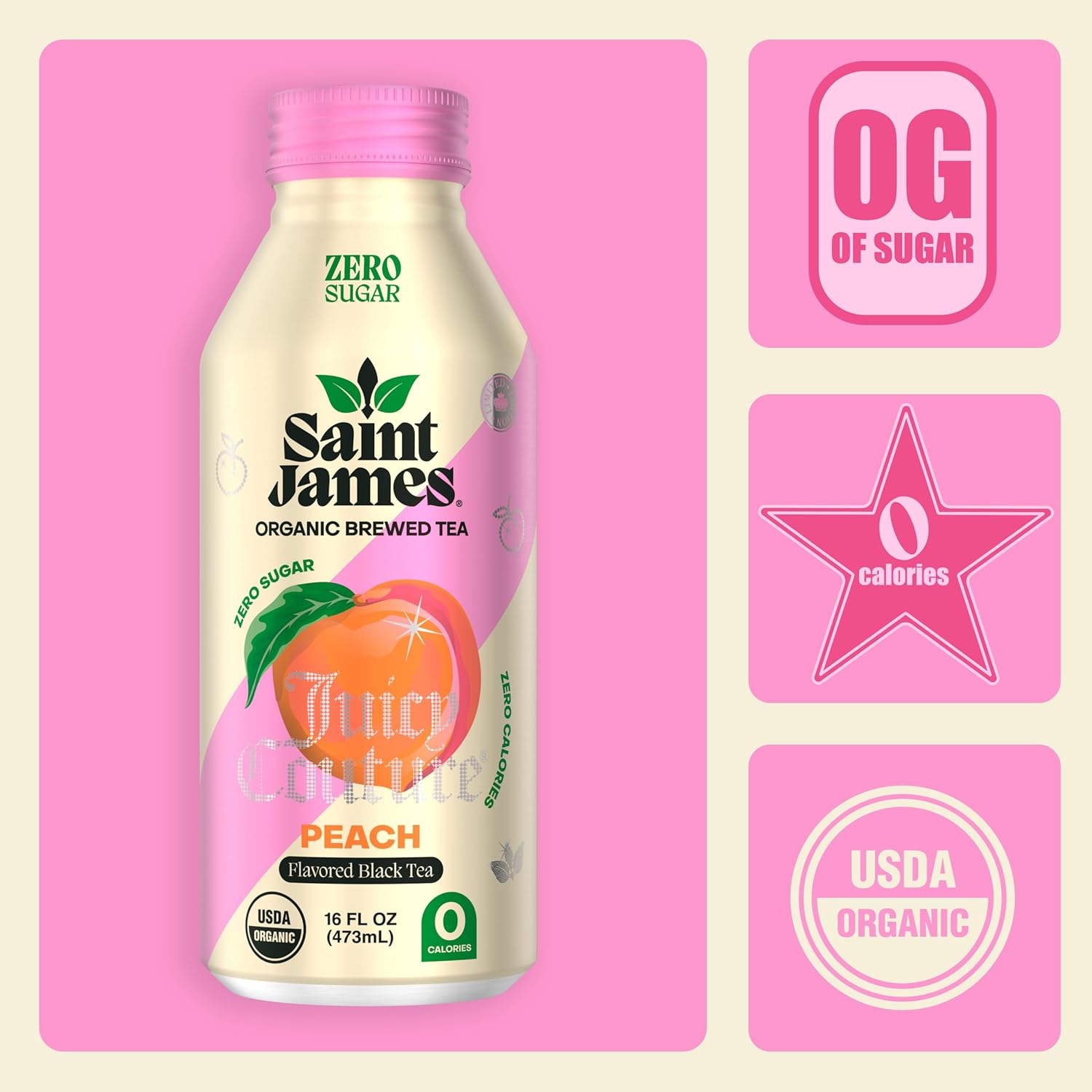 Saint James Iced Tea x Juicy Couture Limited Edition - Organic Black Tea - Non-GMO, Gluten Free, Zero Calorie, Zero Sugar - Juicy Peach, 12 Pack (16 fl oz each) - Image 3