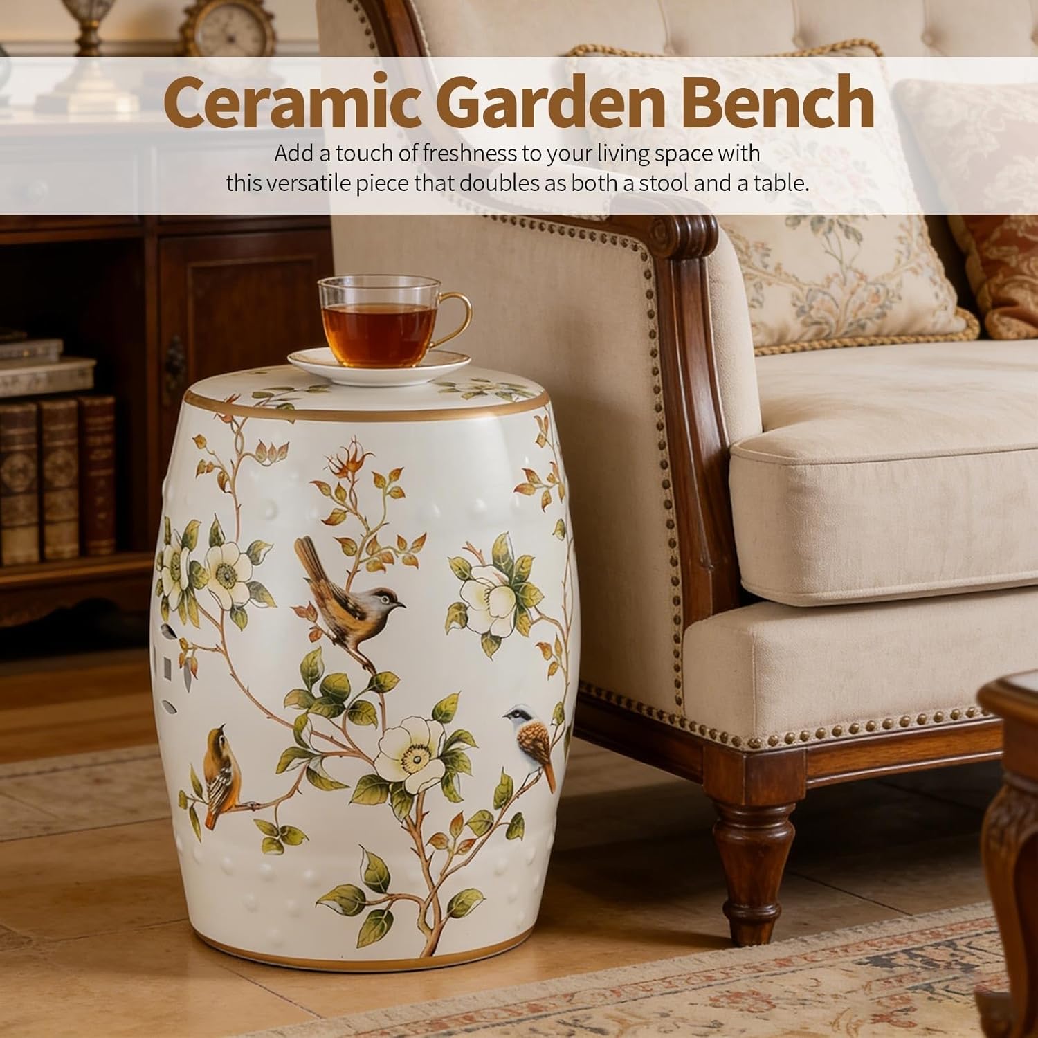 Ceramic Garden Stool 18 Inch Floral Pattern Decorative Side Table Glazed Porcelain Drum Stool Indoor Outdoor Plant Stand Accent Seating for Patio Garden Balcony Living Room(Light Pink)