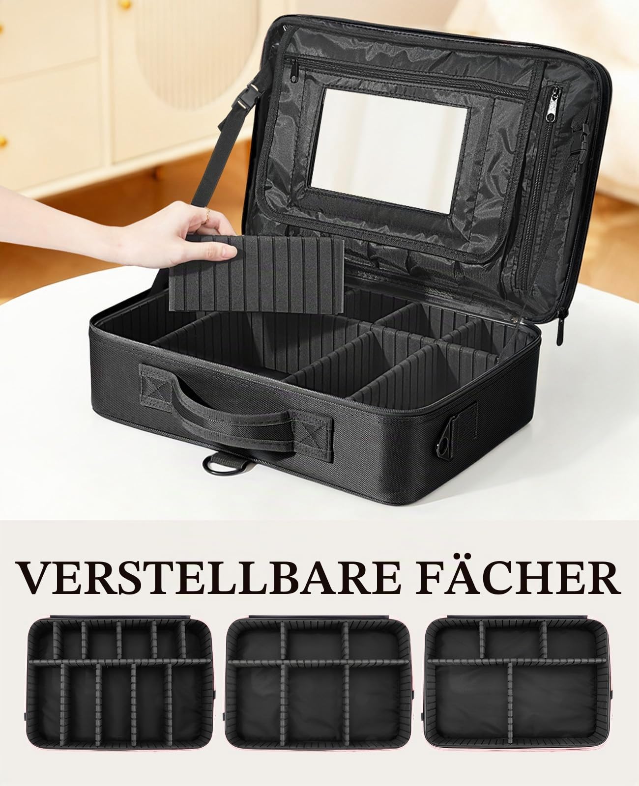 Luxspire Kosmetiktasche Groß Make Up Tasche Reise, Multifunktion Schminkkoffer Kosmetika Etui Tasche Kosmetikbeutel Reißverschluss Schultergurt Aufbewahrungstasche für Damen Maskenbildner, Schwarz