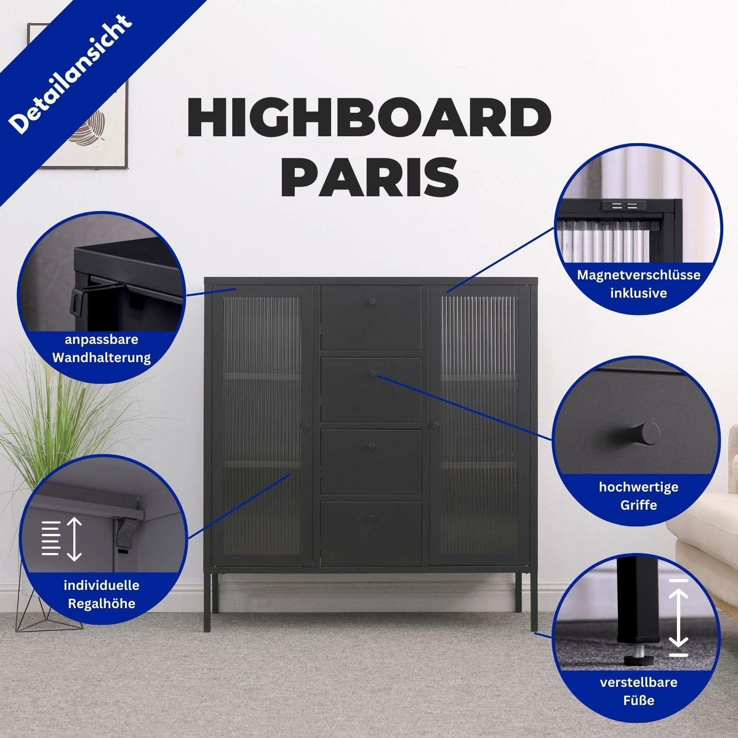 Highboard Paris Schwarz Beistellschrank Wohnzimmer Aufbewahrungsschrank Metall Schrank Ablage und Glastüren, Kommode für Bücher und Deko LxBxH ca. 105x35x110 cm