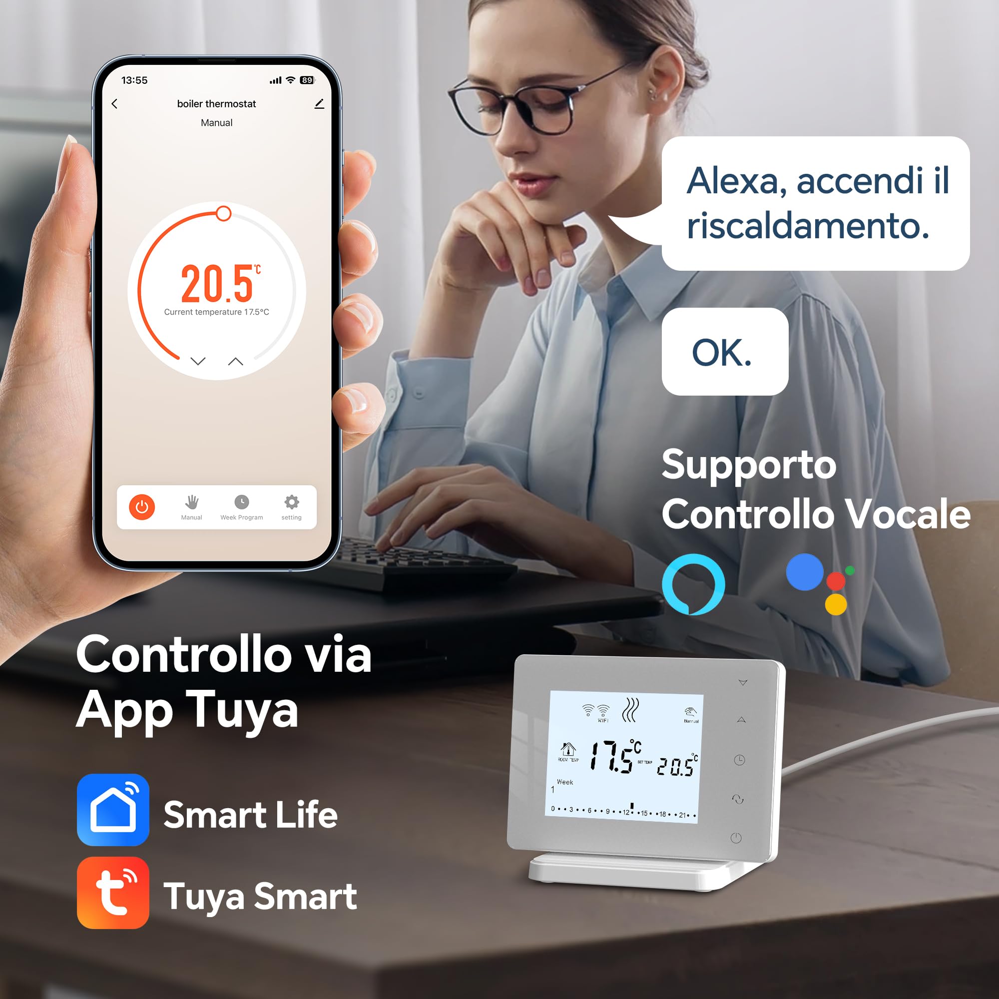 Termostato Caldaia a valvole 2 in 1,termostato WIFI intelligente wireless programmabile settimanalmente. compatibilità vocale alexa. termostato alimentato via usb,con ricevitore. BOT-306RF
