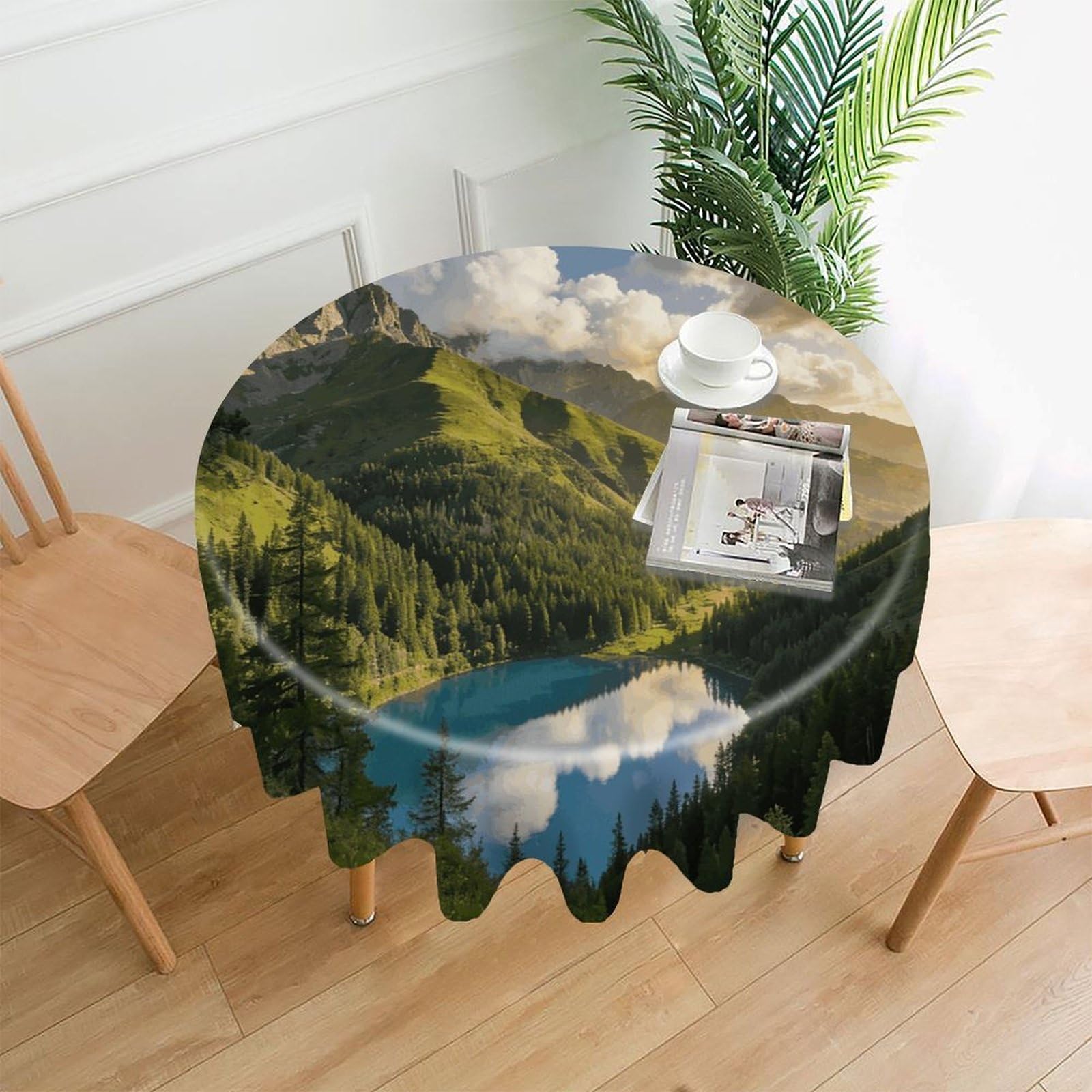 LZQPOEAS Mountain Mirror Tablecloth Easy to Clean Polyester Round Table Cover Washable Round Table Cloth Wrinkle-Free Circle Decoration Tablecloth for Kitchen and Dining Room 60"