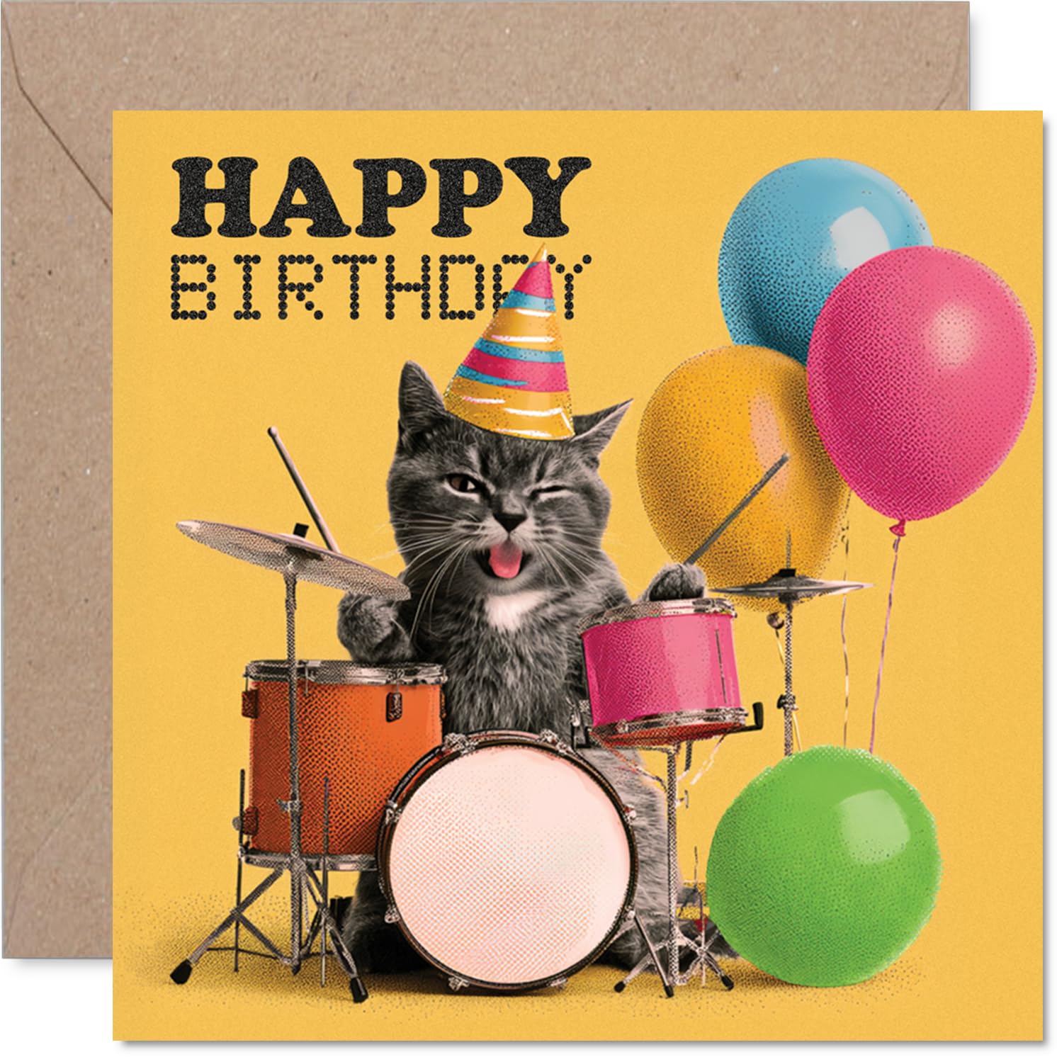 Playful Birthday Card - Bring on the Birthday Laughs - Winking Cat Drumming in a Party Hat with Colourful Balloons - 145mm Square, Envelope Included