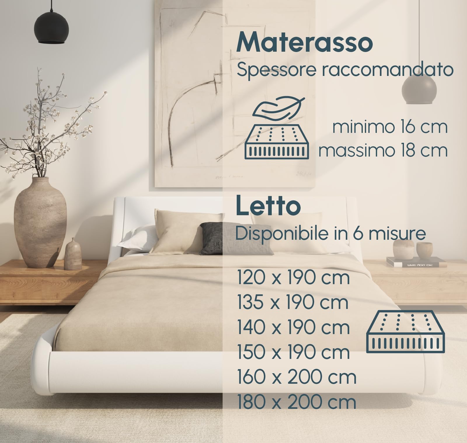 MB Muebles Bonitos, Letto Matrimoniale Alessia, Legno e Ecoleather, Bianco, Per Materasso 120x190 cm