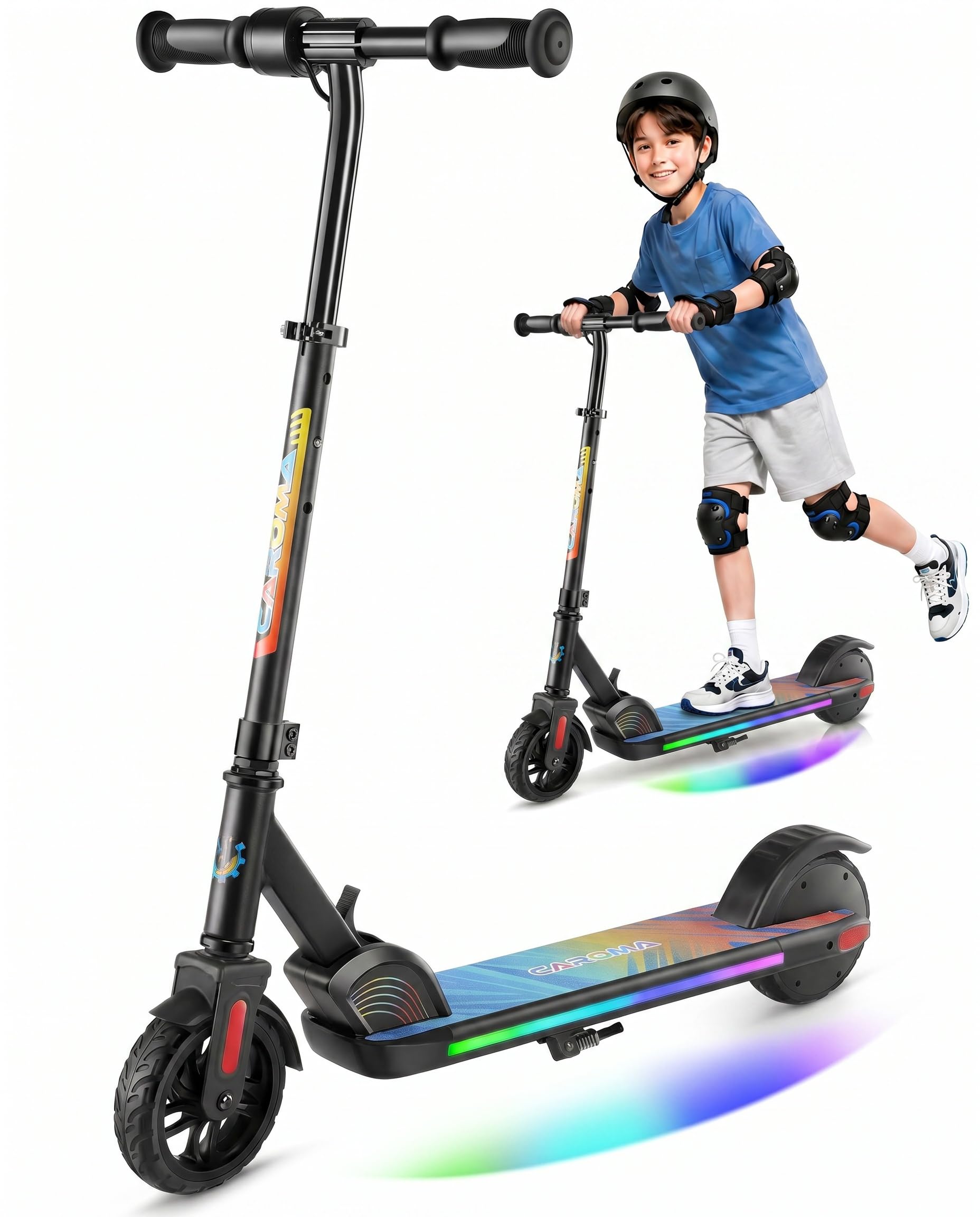 Caroma Patinete eléctrico para niños de 6 a 12 años, Motor de 150 W hasta 16 km/h, Alcance de 12 km, Patinete eléctrico Plegable con Luces Coloridas y Pantalla LED, Velocidad y Altura Ajustables