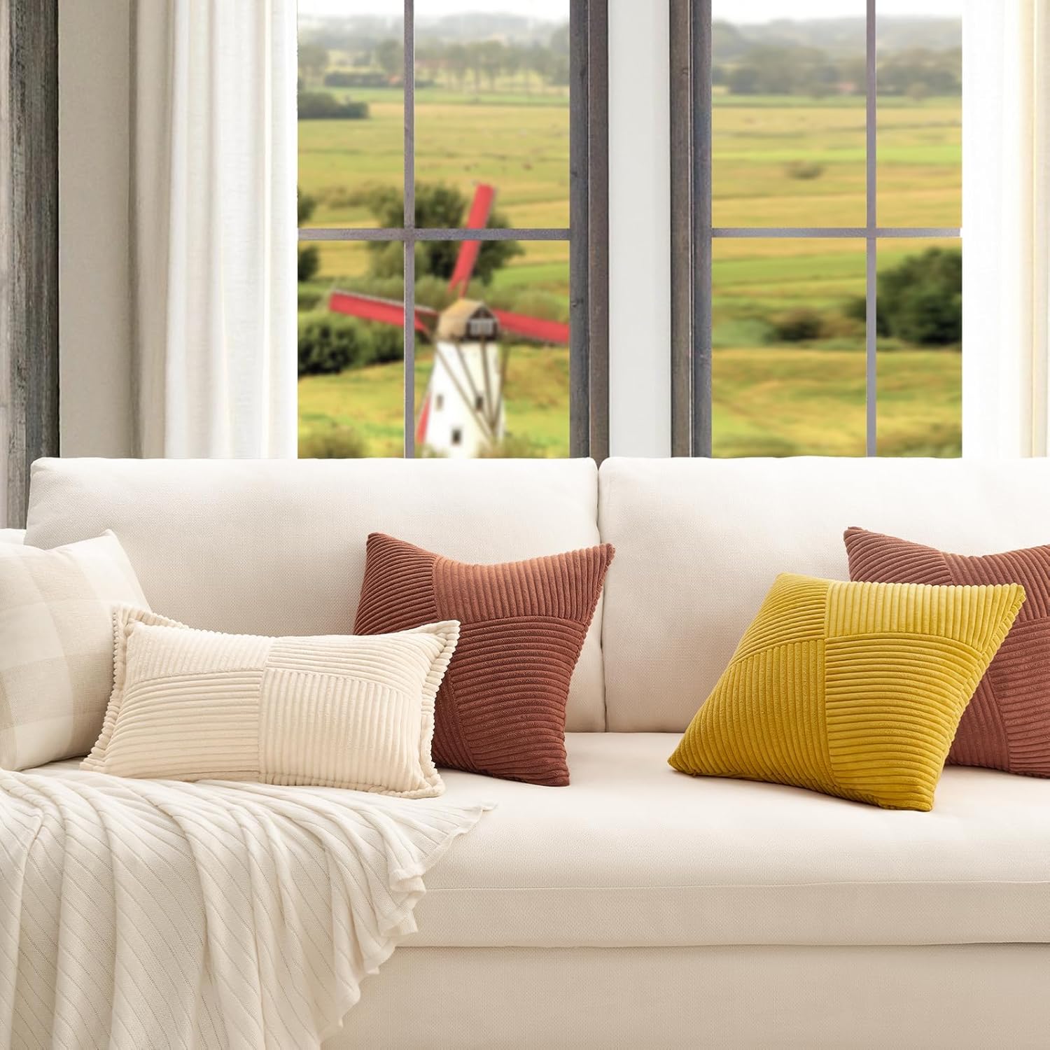 Topfinel Set of 2 Decorative Terracotta Throw Pillow Covers 20x20 Inch for Couch Sofa Bed, Rustic Farmhouse Boho Home Decor, Soft Corduroy Windmill Textured Striped Patchwork Cushion Cases - Image 2