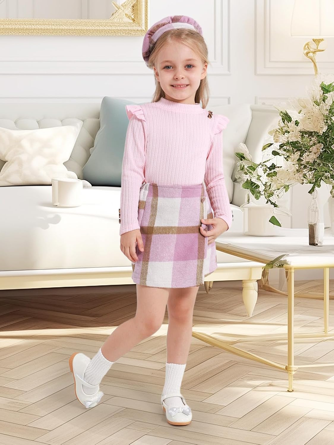Toddler Girls Fall Winter Clothes 3 Piece Outfits Kids Long Sleeve Ribbed Knit T Shirt Sweater Plaid Mini Skirt Set