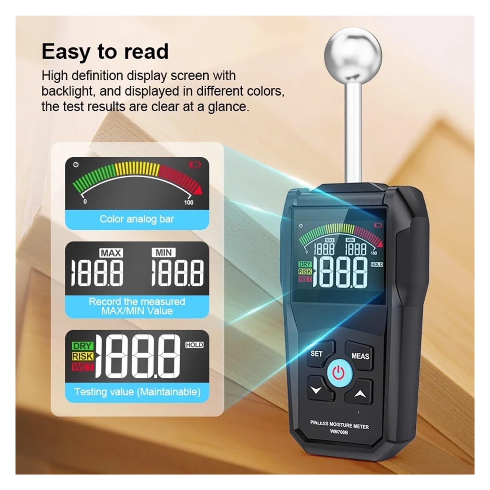 Medidor de humedad de madera digital, higrómetro, detector de humedad de madera sin o, alarma, comprobador de humedad no destructivo, detector de humedad Preciso