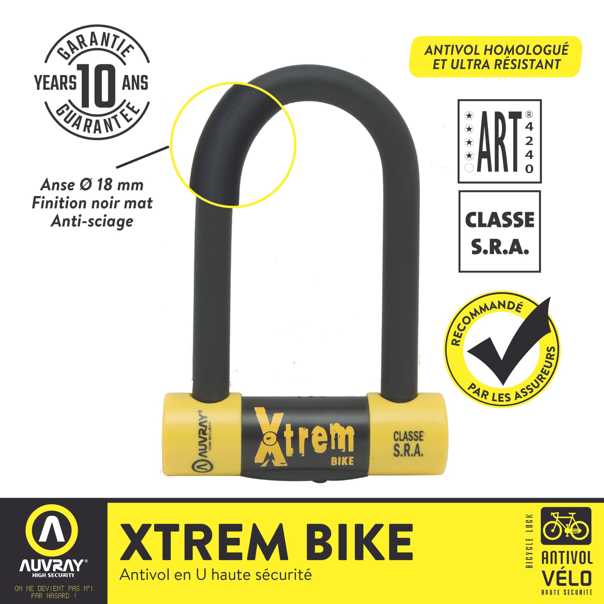 Auvray - Antivol U classe SRA - vélo, moto et scooter - homologué et ultra résistant - anse acier cémenté 18 mm - 3 clefs numérotées fournies -