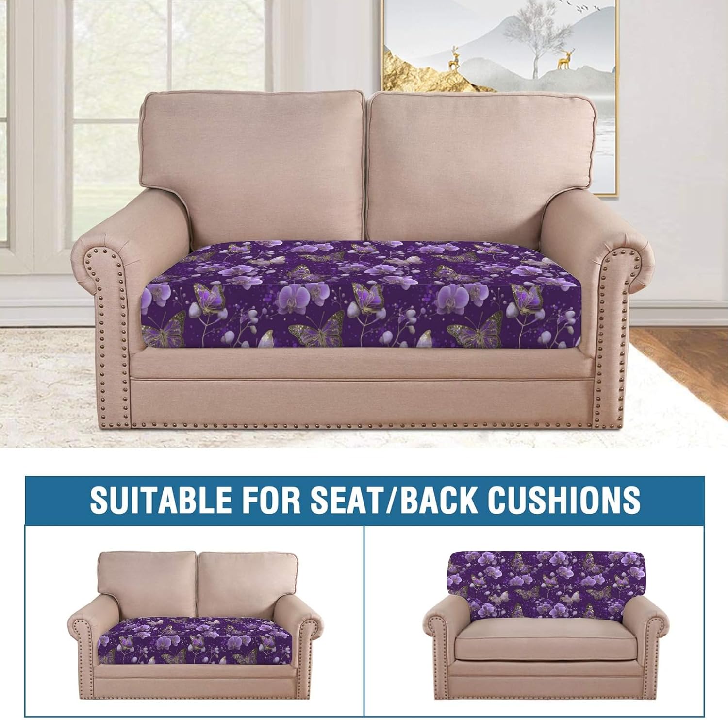 Purple Butterfly Bloom Art Loveseat Covers Couch Covers for 2 Cushion Couch, 2-Piece Stretch Sofa Slipcovers Anti-Slip Washable Furniture Protectors for Dogs Pets