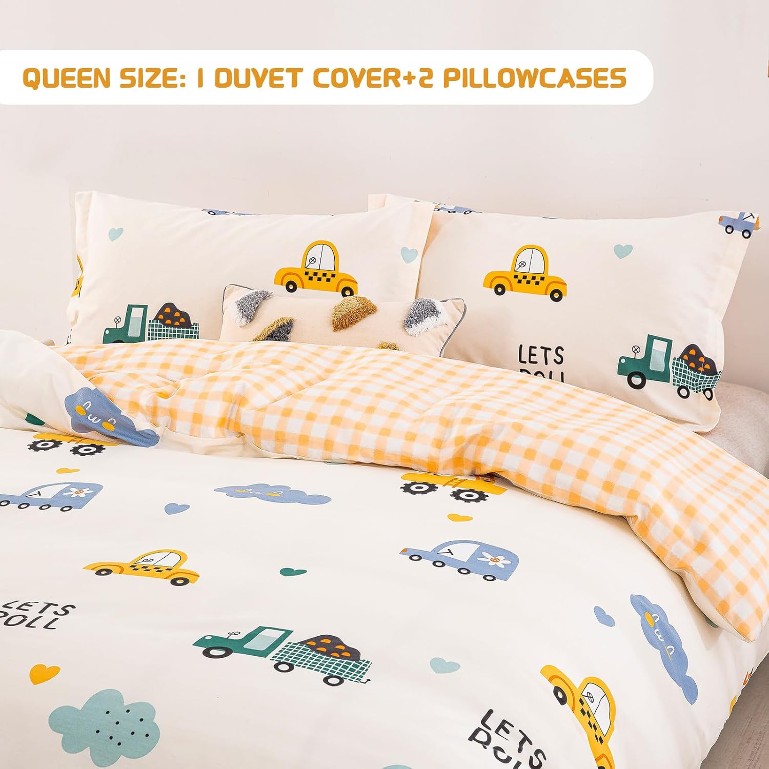 DJY Kids Duvet Cover Set Queen, Cotton Cartoon Car Truck Bedding Set for Boys Girls, 3 Pieces Soft Breathable White Yellow Plaid Reversible Comforter Cover Set (1 Duvet Cover+2 Pillowcases) - Image 7