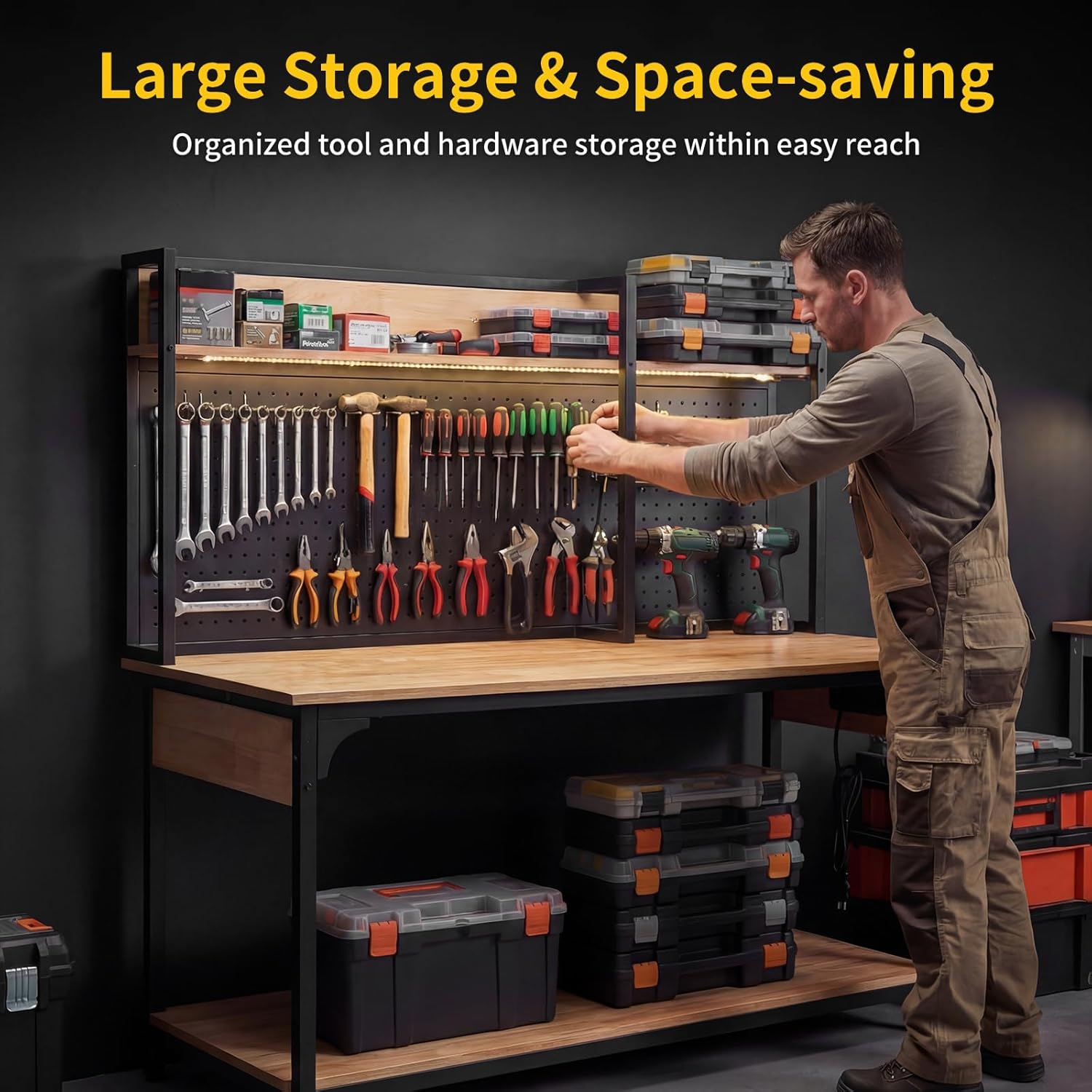 48" Heavy-Duty Garage Workbench with LED Light & Power Outlet, 1200LB Capacity Tool Table with Pegboard, Storage Shelves, USB & Type-C Ports for Woodworking Shop, Garage, Home