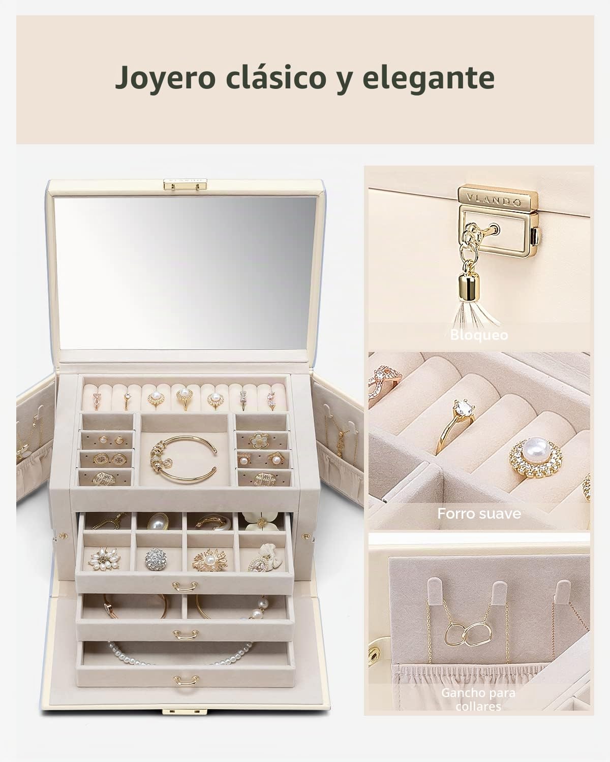 Vlando Joyero grande para mujer, caja de joyería de piel sintética de alta gama, con 3 cajones, almacenamiento de joyas con cerradura, aretes, broches, organizador de relojes (blanco pricot)..