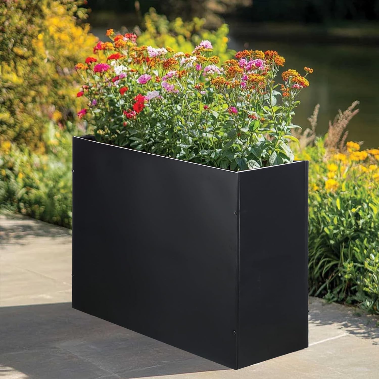 BAYN Metal Rectangular Planter Box Tall Planters for Outdoor Plants Modern Heavy Duty with Drainage Holes for Outside Indoor Patio Deck - Black, 32”x 12”x 24”