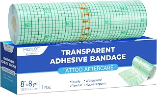 LotFancy Tattoo Aftercare Bandage, 8” x 8 yd Roll, Waterproof & Sterile | Professional Tattoo Wrap for Second Skin Tattoo Cover, Swimming & Showering, Transparent Film Dressing for Wound Care