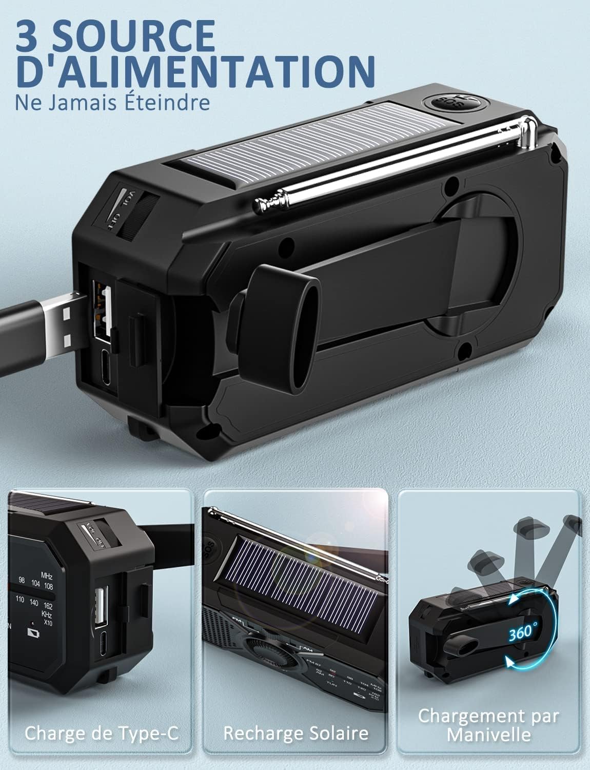 UOHHBOE Radio Solar Generador Portátil SOS Sirena AM/FM 2500 mAh carga a través de USB-C brújula