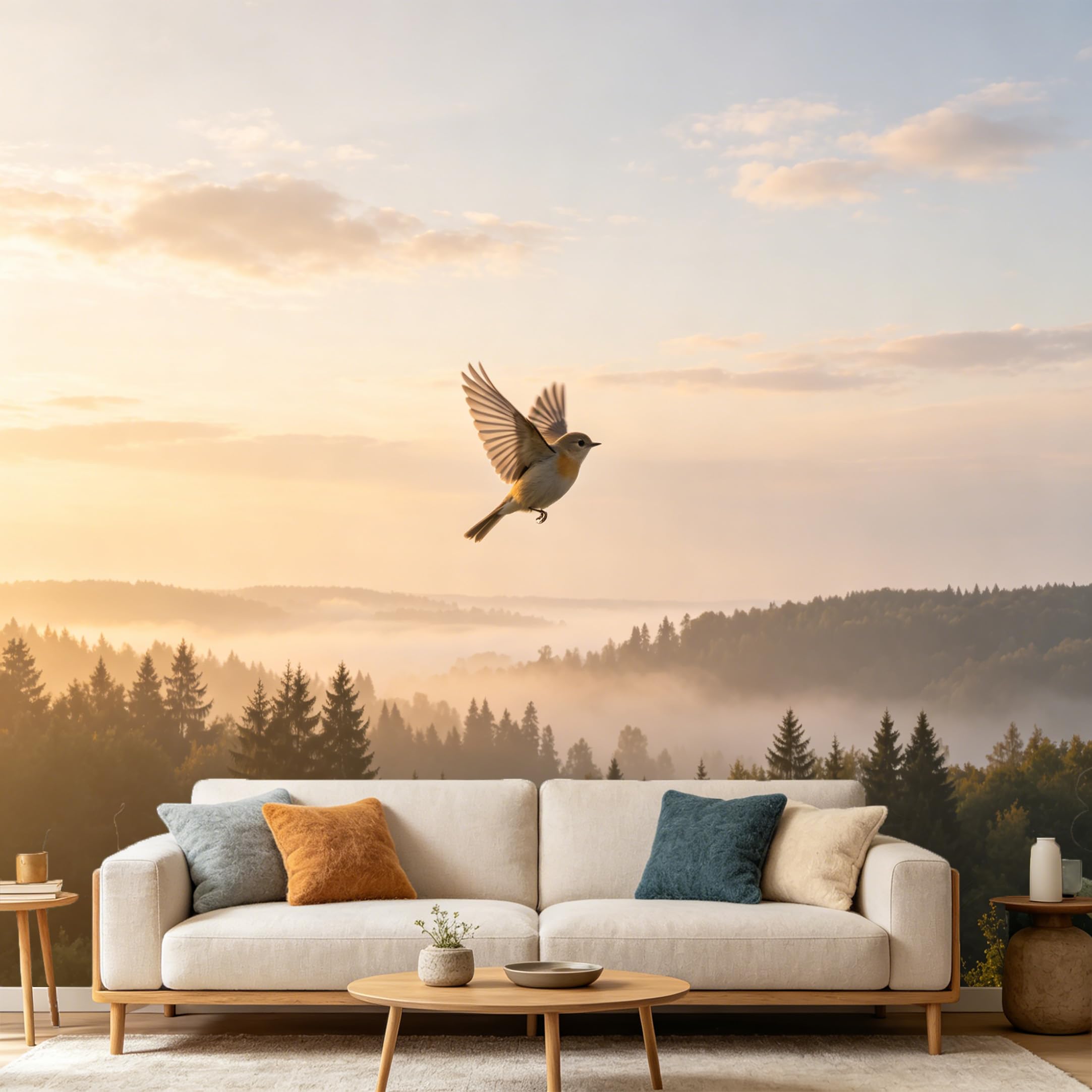 Custom Size Wall Mural Flying Bird Landscape Forest Foggy Morning Sunrise SelfAdhesive Art Prints wall Fabric (No PVC) Removable Wallpaper Home Bedroom Living Room Decor