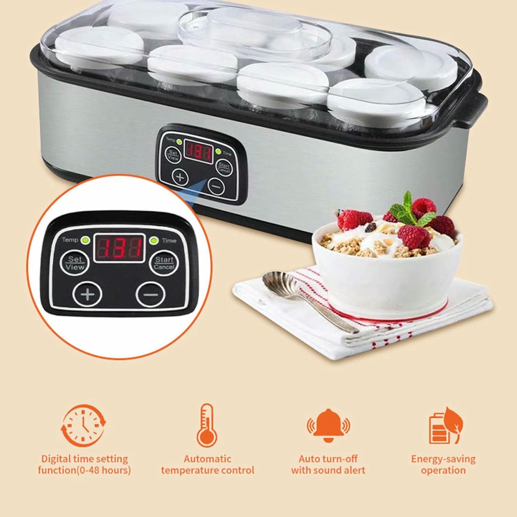 Yogurtera, 1400 ml Ultimate Yogurtera Probiótica con 8 Frascos de Vidrio, Pantalla LED y Temporizador, Máquina Automática para Hacer Yogur con Control Automático de Temperatura para Yogur Casero