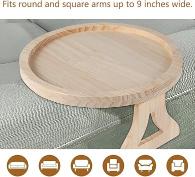 Sofa Arm Tray Table Couch Armrest Table Clip On Round Sofa Cup Holder Natural Pine Wood Couch Side Table Foldable Sofa Tray Armrest Armchair Organizer for Remote Control Drinks Snacks Phone