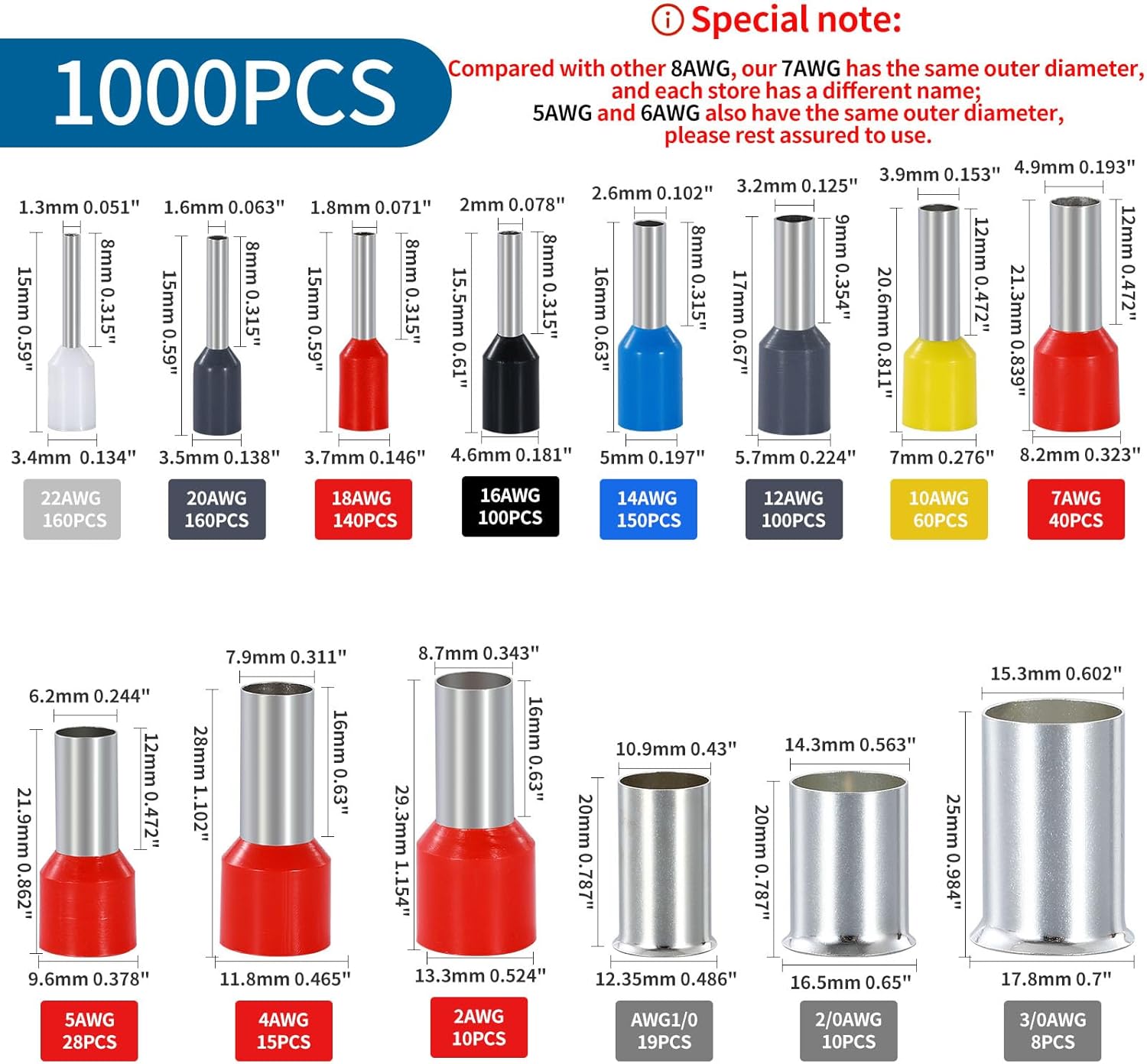 1000PCS Wire Ferrule Kit Copper Crimp Terminals Insulated Pin Cord End Connectors AWG(22 20 18 16 14 12 10 7 5 4 2 1/0 2/0 3/0) Gauge