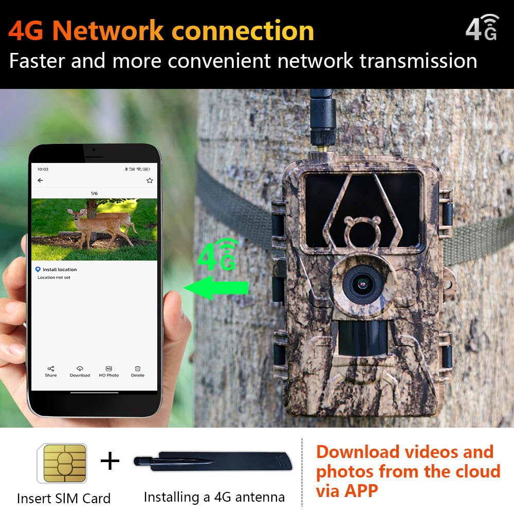Cámara de Caza 4G LTE con App y Tarjeta SIM, 8K 60MP Camara Fototrampeo, Camara Caza Nocturna con IR Invisible, Sensor 0.2s de Tiempo Activación, IP66 Prueba de Agua para Monitoreo de Vida Silvestre