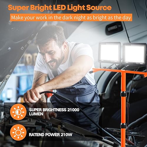 Miniatura 9 de Luces de trabajo de 21000 lúmenes con soporte, 3 luces de trabajo LED de cabeza ajustables, con soporte de trípode ajustable y plegable, lámpara
