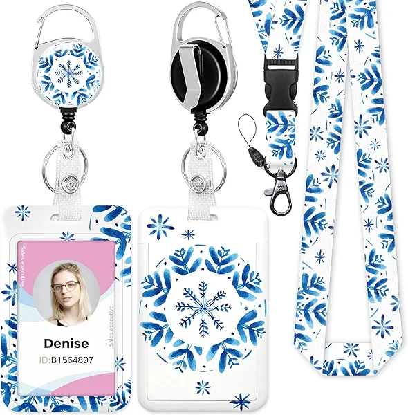 ID Badge Holder with Lanyard, Cute Reel Retractable Heavy Duty and Detachable Name Tag Clips, Blue Snowflake Lanyard Vertical ID Card Protector Case for Women Nurse Doctor Teacher Student