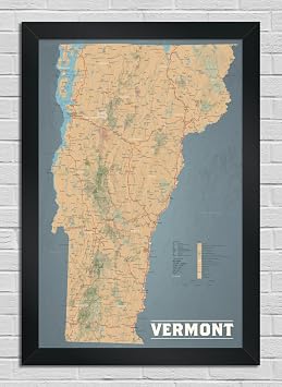 Vermont State Wall Map 24x36 Poster Tan & Slate Blue | Black Frame