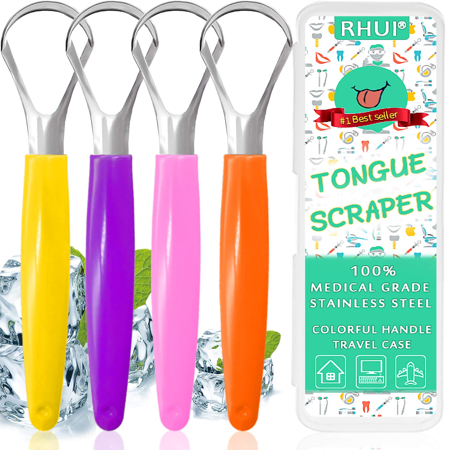 Tongue Scraper for Kids Adults, 4 Pack 2021 New Version Extra-wide Head Stainless Steel Coated Tounge Scrappers Cleaner Oral Care