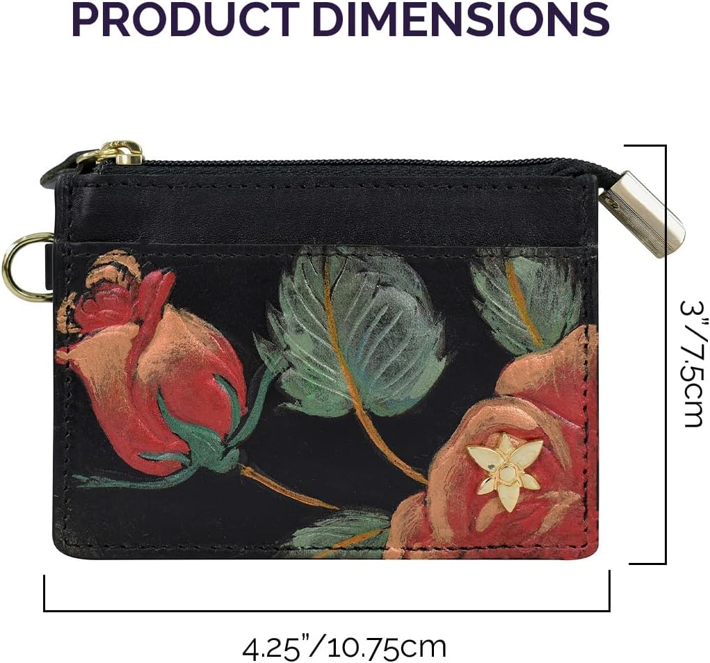 Anuschka Women’s Leather Card Holder – Hand-Painted Genuine Leather Card Holder with RFID Protection - 1183, Tooled Rose Black Multi