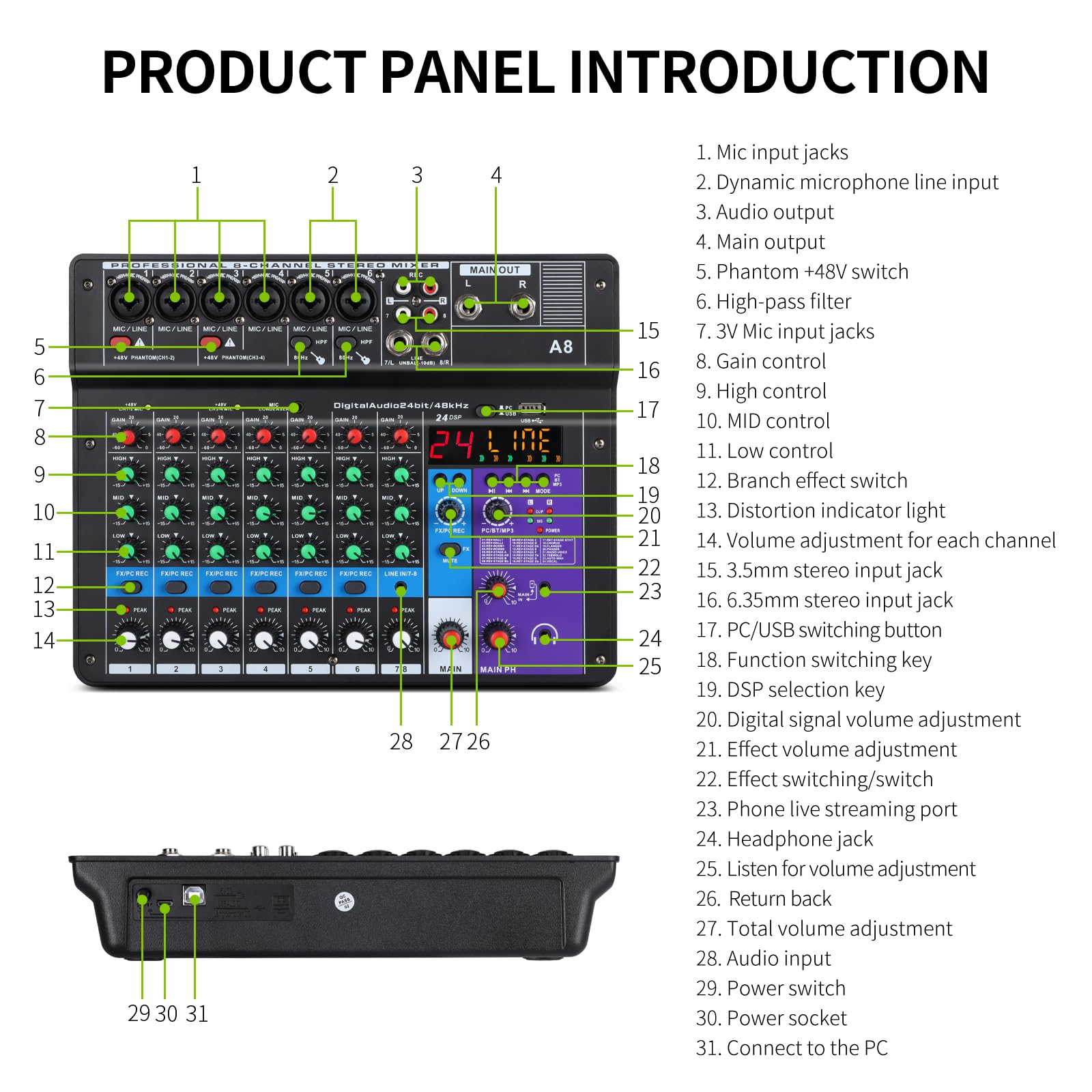 XTUGA A8 Audio-Mischpult, 8 Kanäle, mit USB-Mischpult, Bluetooth-Audio-Mixer und 48 V Phantomspeisung, Rückschleifenfunktion, ideal für Shows und Meetings