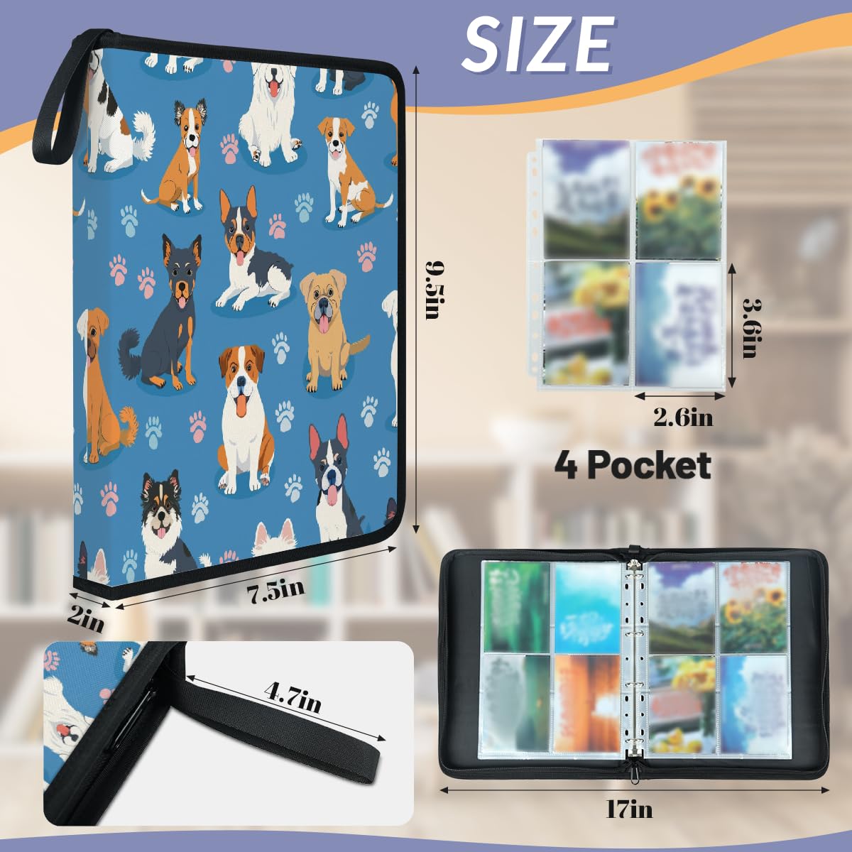 Raccoglitore per carte collezionabili con 4 tasche, con tasche per cuccioli, con maniche rimovibili, impermeabile, con cerniera, 50 pagine, capacità 400 carte