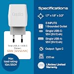 Jeu de prise pour adaptateur de voyage Europe Schuko, Ceptics - avec 2 USB + USA Entrée de la socket - Type E/F et type C - Ultra Compact - Parfait pour les téléphones cellulaires, ordinateurs portables, chargeurs de caméras (CTU-9-9C-PK)