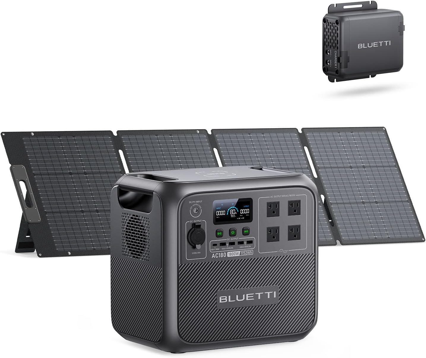 BLUETTI Solar Generator AC180 with 200W Solar Panel and Charger 1, 1152Wh LiFePO4 Portable Power Station with w/4 1800W (2700W Surge) AC Outlets, 560W DC-DC Fast Car Charger for Camping, RV, Off-Grid