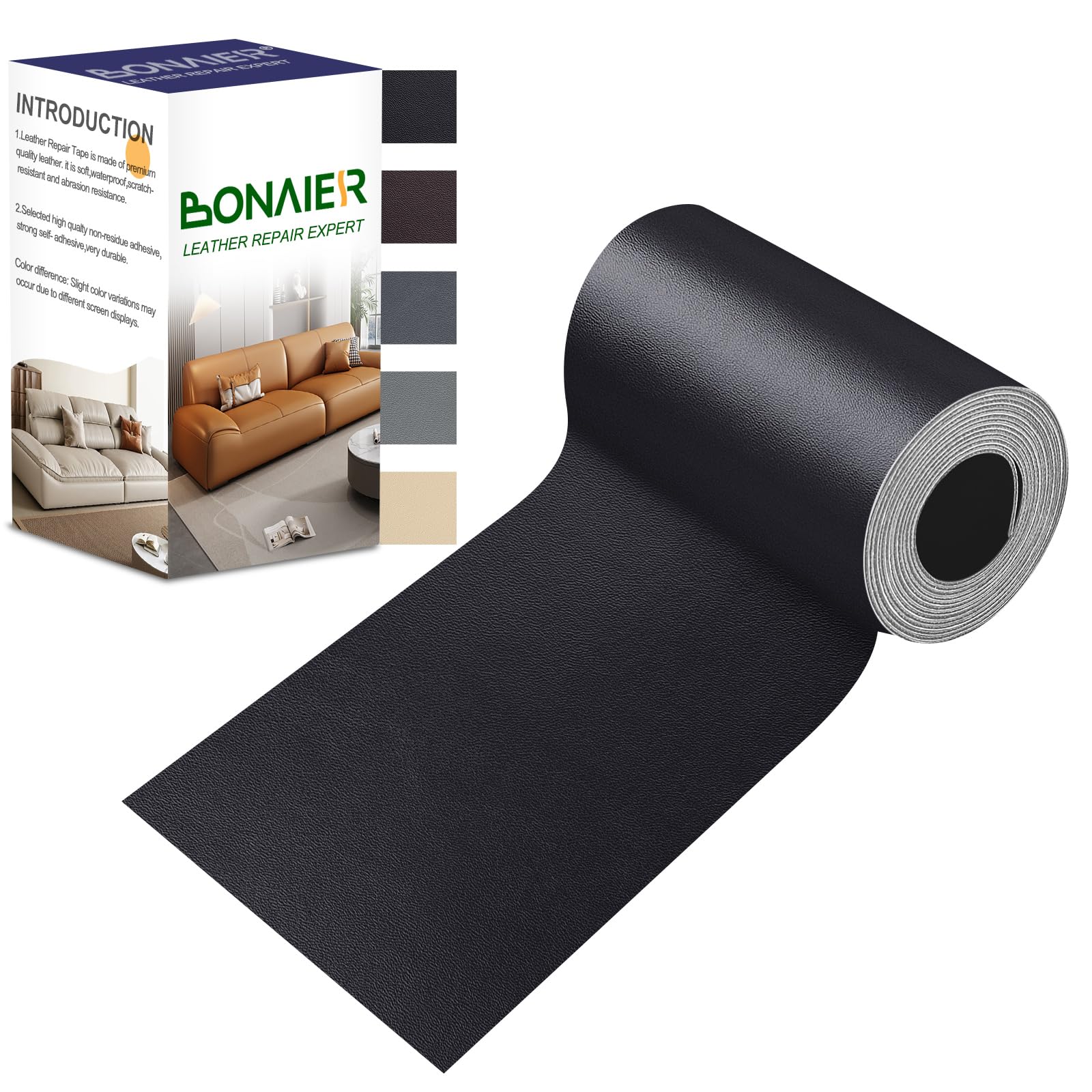 BONAIER Leather Patches for Furniture,Self Adhesive Leather Repair Patch,Leather Patch Tape kit for Couch,Car Seat,Motorcycle seat,Loveseat (Black,