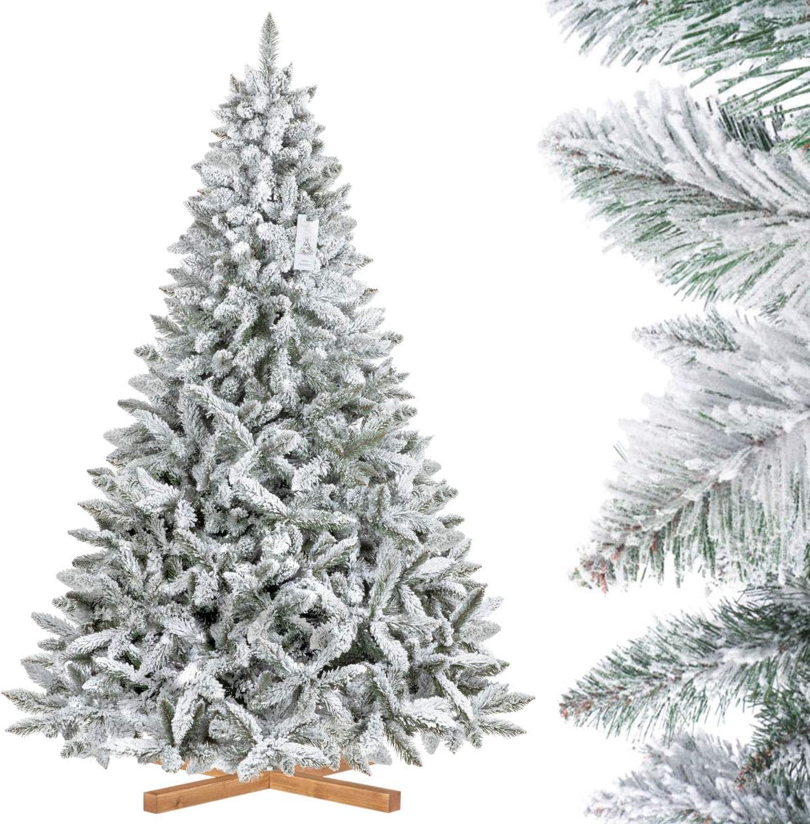 FAIRYTREES Christmas tree artificial NATURAL SPRUCE, flocked with SNOWFLAKES, green trunk, PVC material, wooden stand, 7.2ft / 220cm