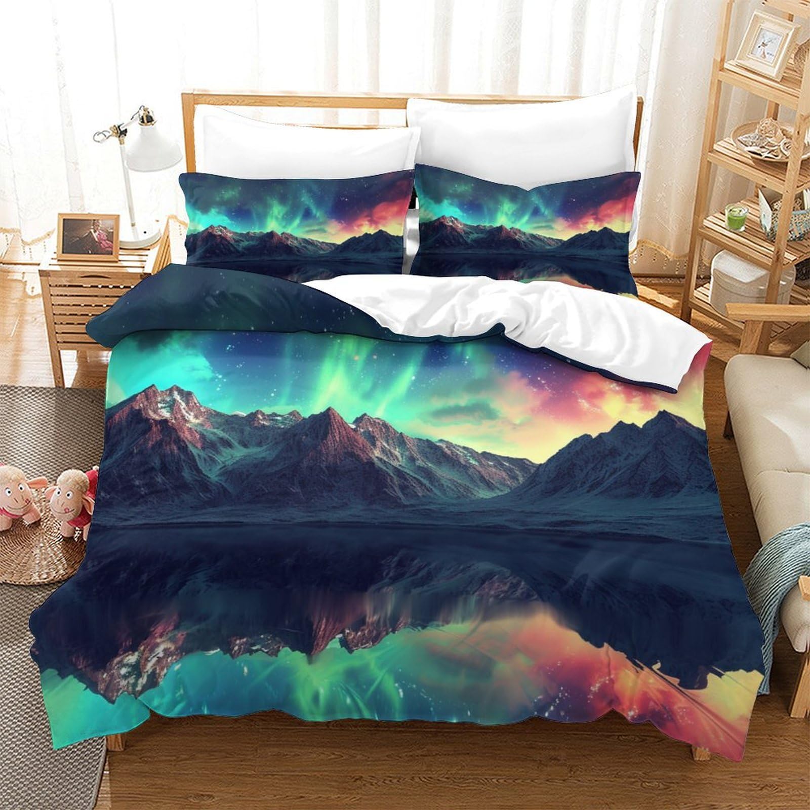 Stampato in 3D Aurora norvegese Copertina Stampata Microfibra Disegnata Biancheria Da Letto Stile Morbido Set 3 Pezzi,Double（200x200cm）, Per Adolescenti E Adulti