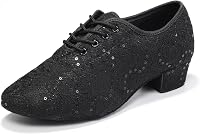 RUYBOZRY Women's Lace-Up Ballroom Latin Salsa Dance Shoes Model LPWMMD - Breathable Sequin Fabric, Suede/Rubber Soles, Comfort Heels