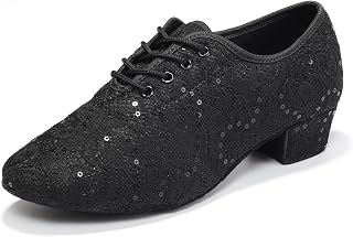 RUYBOZRY Women's Lace-Up Ballroom Latin Salsa Dance Shoes Model LPWMMD - Breathable Sequin Fabric, Suede/Rubber Soles, Comfort Heels