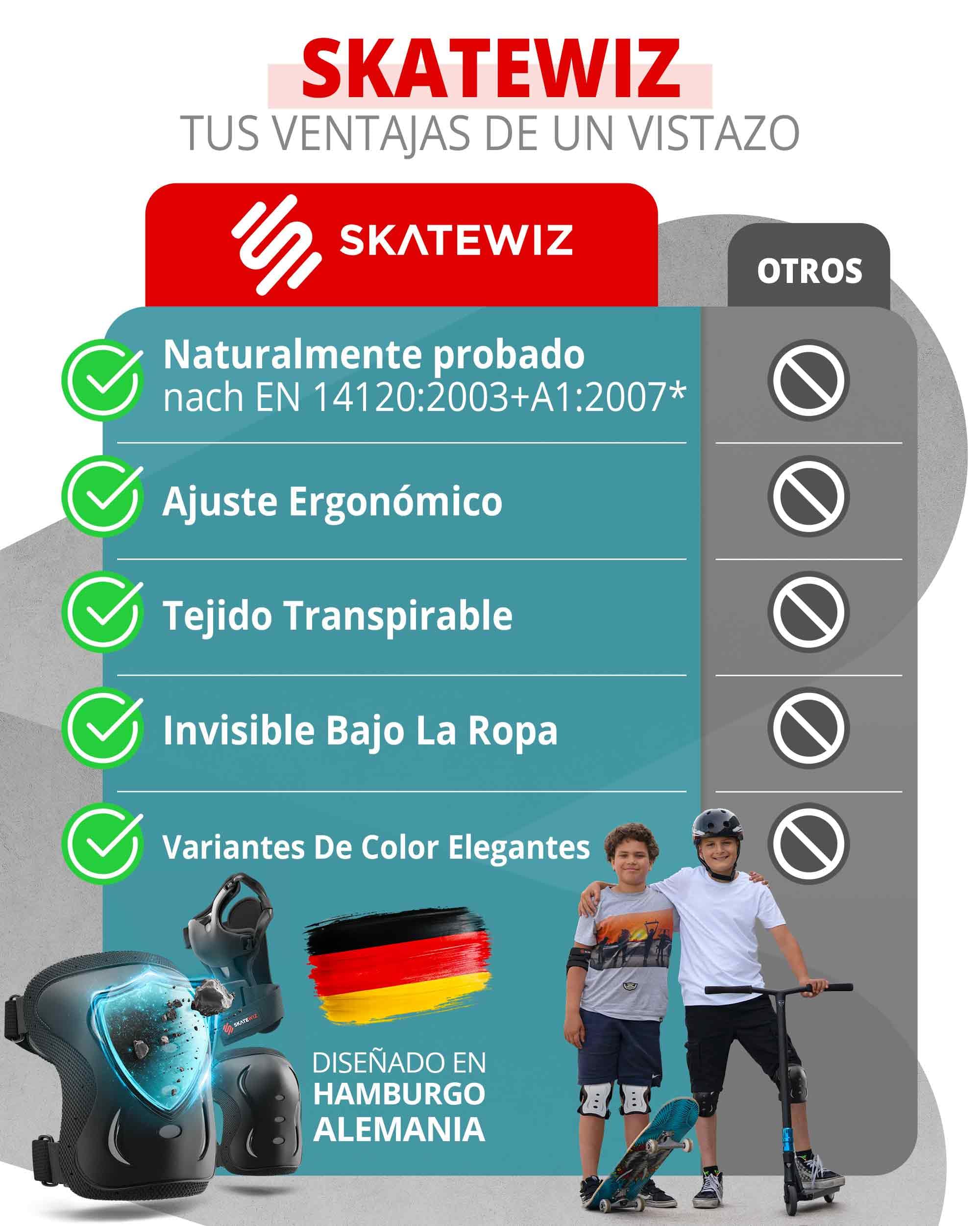SKATEWIZ Protecciones Patines Set - Para Niño, Niña, Adolescentes y Adultos [6 piezas] con Rodilleras y Coderas Muñequeras - Protecciones Patines Niño — view 9
