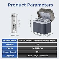 Vista 8 de PHILIPS Baterías recargables de litio AA de 1,5 V, 3600 mWh, paquete de 8 con cargador inteligente, 1200 ciclos de vida útil de iones de litio doble